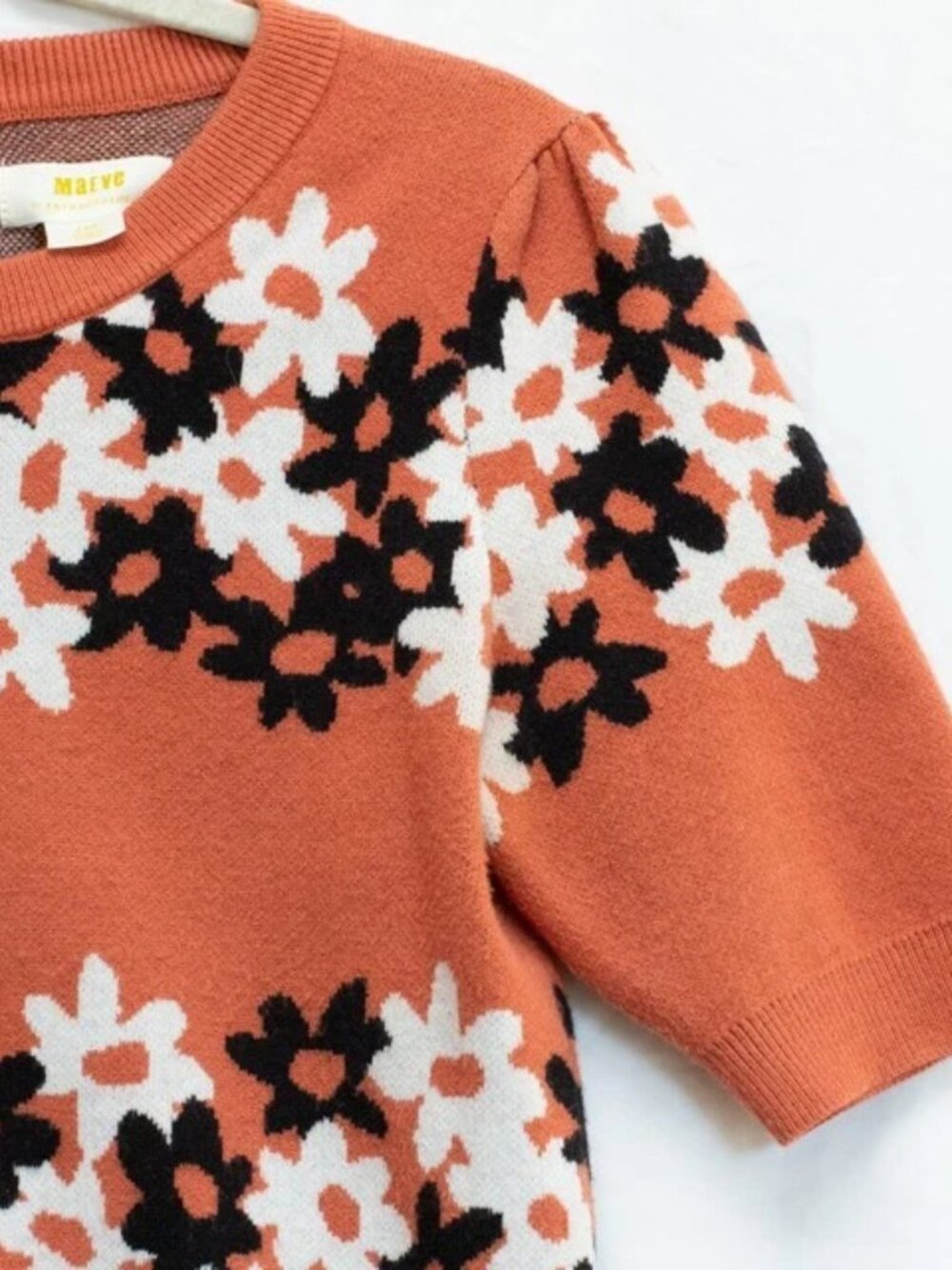 Anthropologie Maeve Retro Floral Spring Sweater Top Puff Short Sleeve Stretch S - Picture 4 of 10